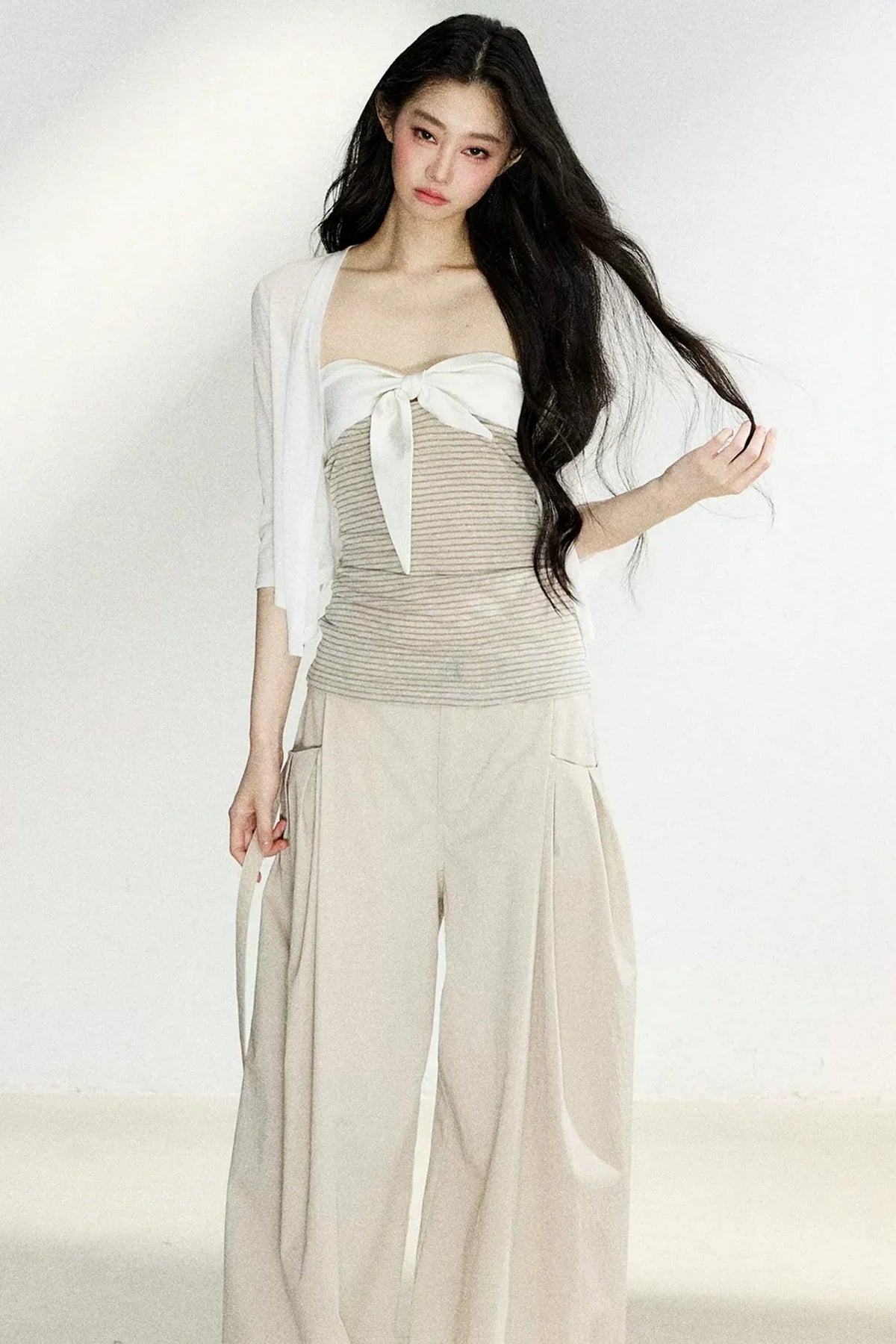 Two-Tone Striped Bow Cardigan Set-Up