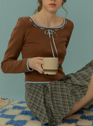 U-neck ribbon embroidery long sleeve base t-shirt