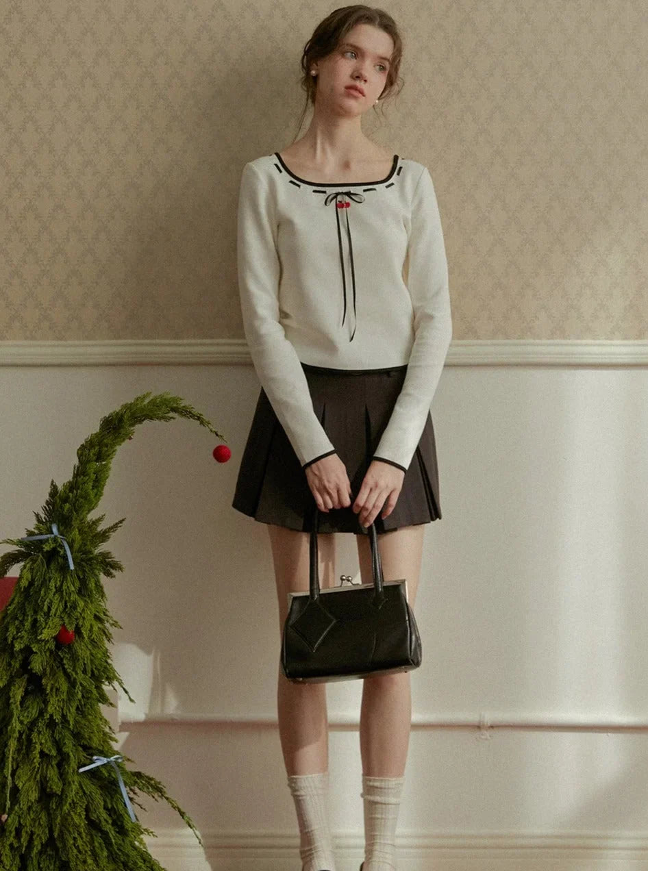 U-neck ribbon embroidery long sleeve base t-shirt