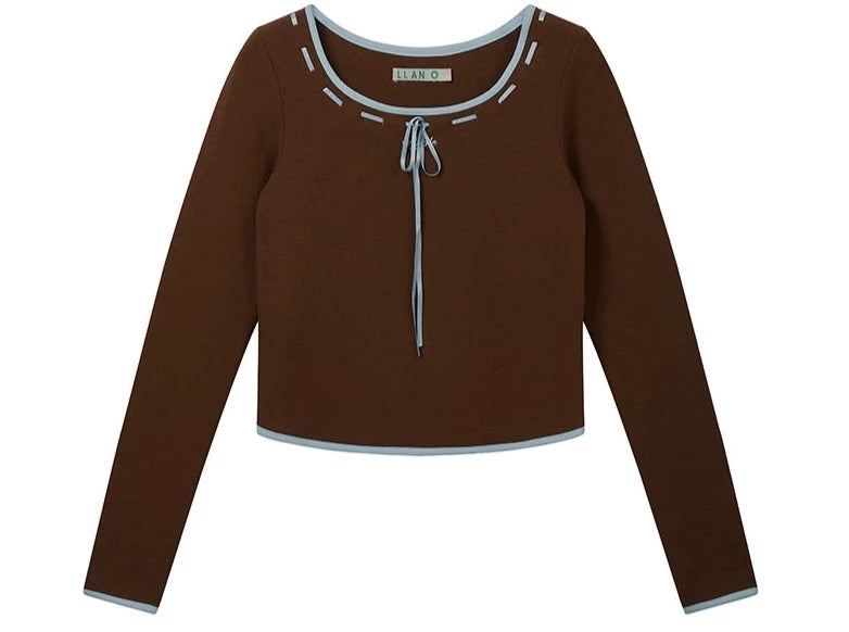 U-neck ribbon embroidery long sleeve base t-shirt