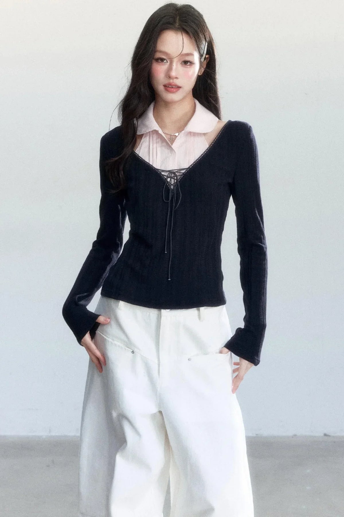 Unfinished Korean Decorative Collar Blouse