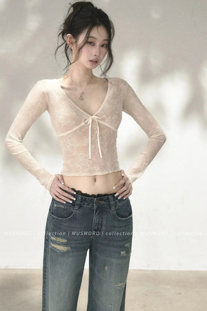 V-Neck Bow Tie Lace Top