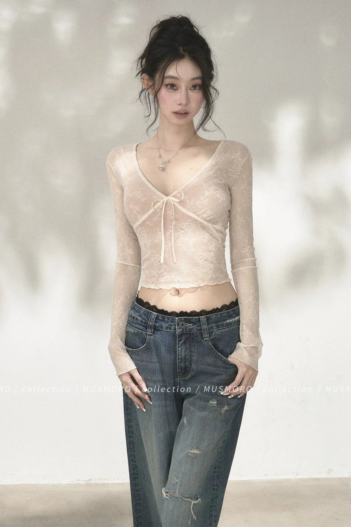 V-Neck Bow Tie Lace Top