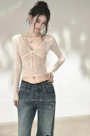 V-Neck Bow Tie Lace Top