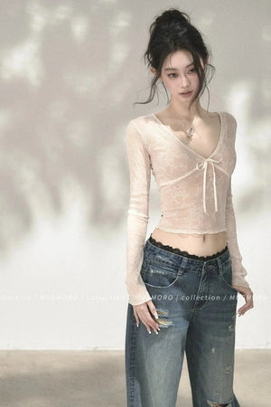V-Neck Bow Tie Lace Top