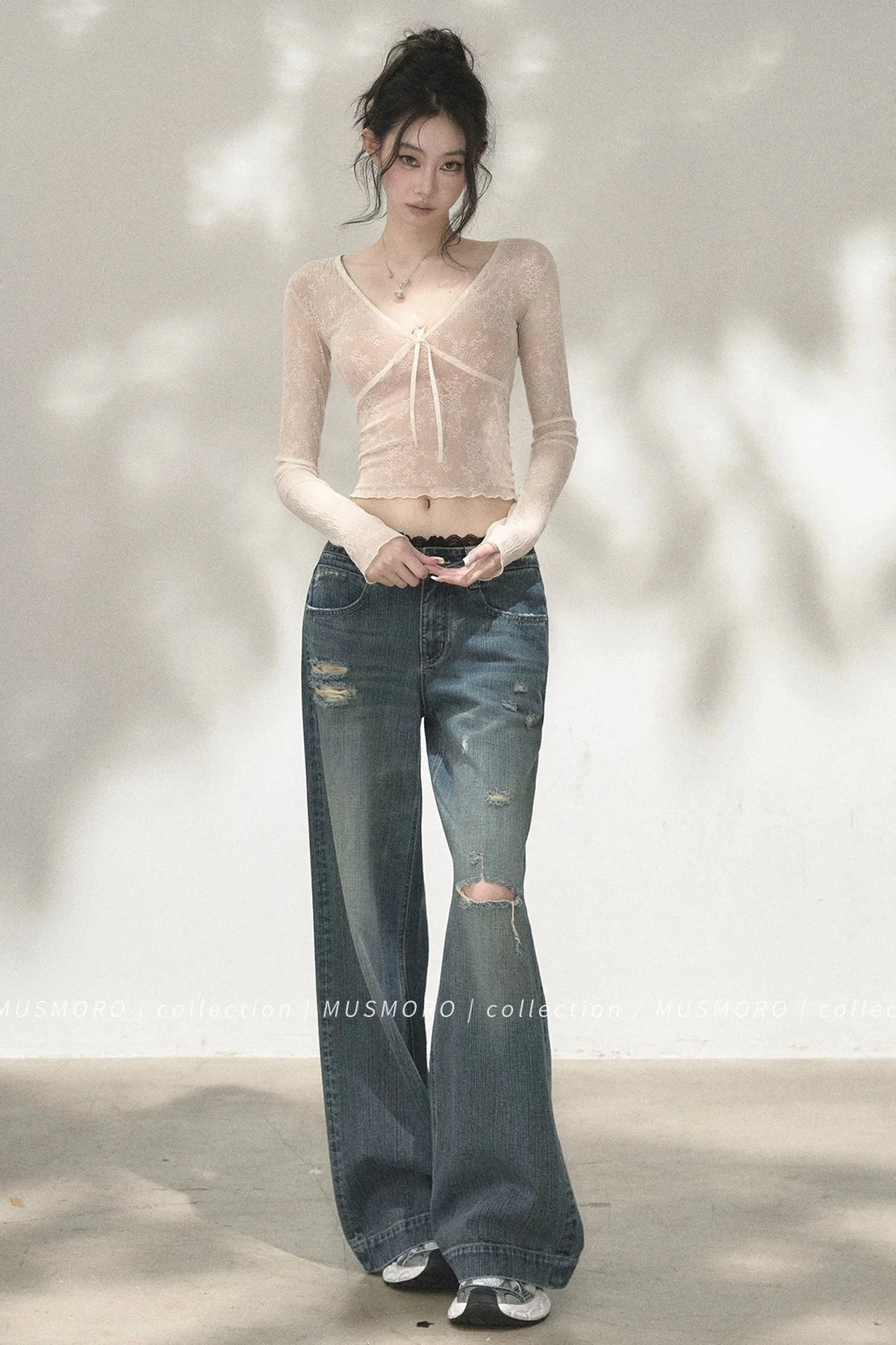 V-Neck Bow Tie Lace Top