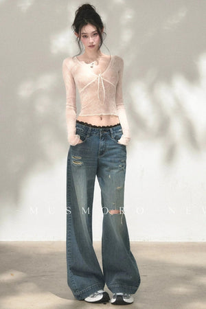 V-Neck Bow Tie Lace Top