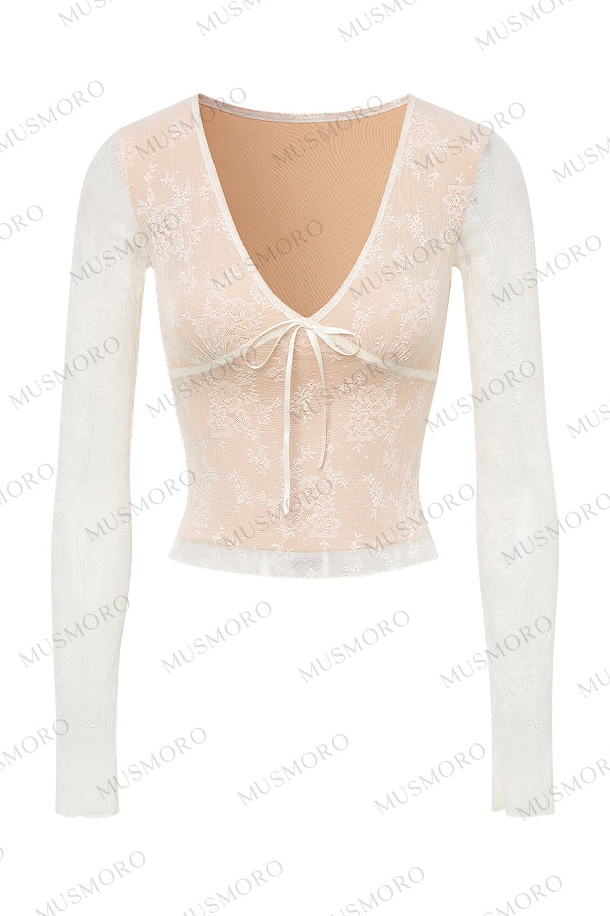 V-Neck Bow Tie Lace Top