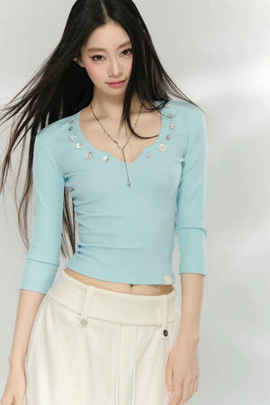 V-Neck Button Knit Top