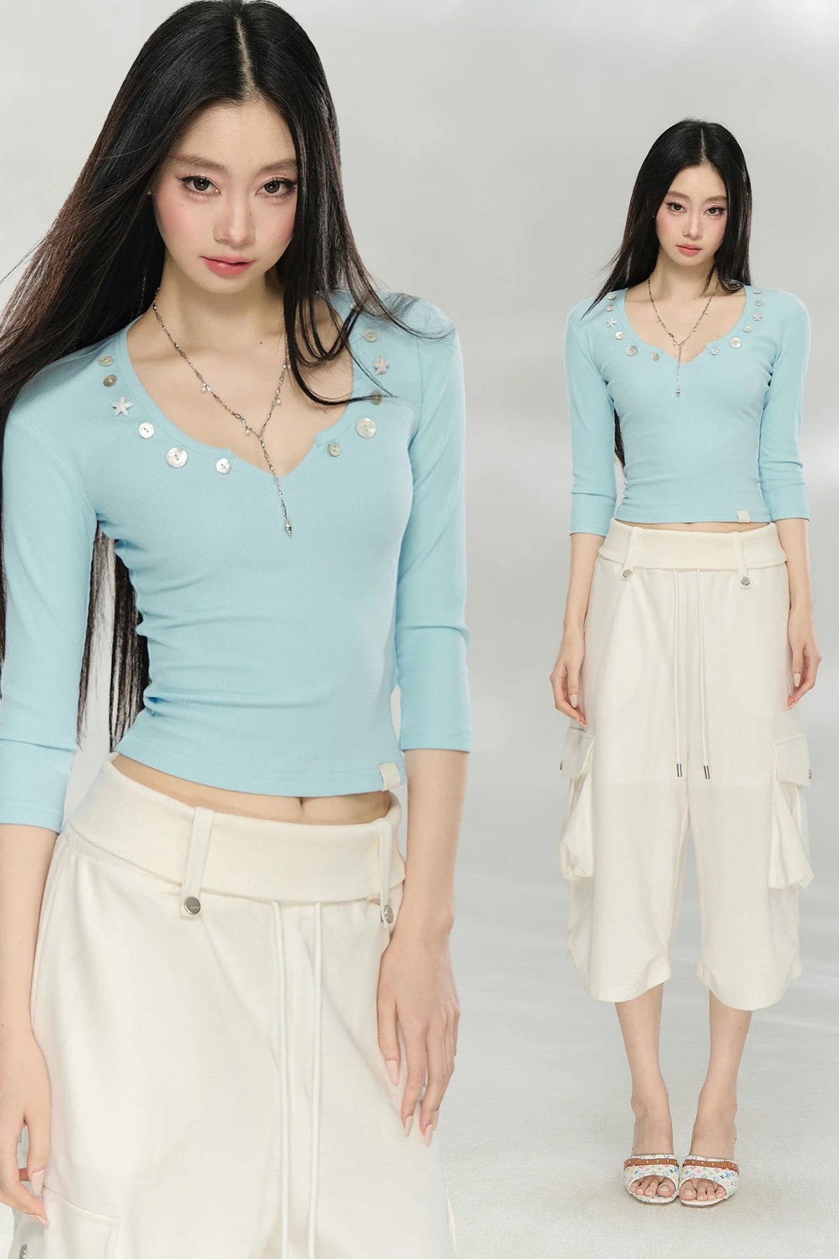 V-Neck Button Knit Top