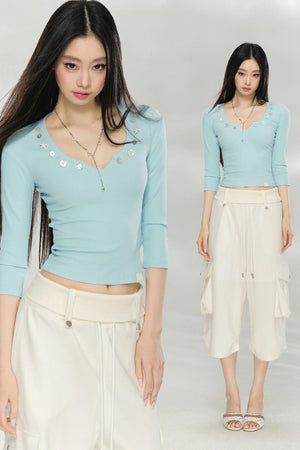 V-Neck Button Knit Top