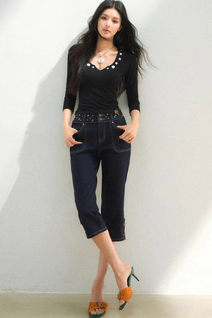 V-Neck Button Knit Top