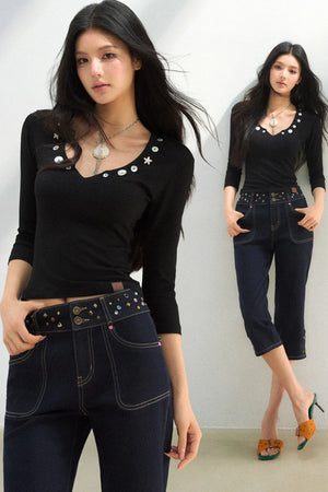 V-Neck Button Knit Top