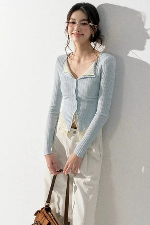 V-Neck Color-Blocked Knit Sweater