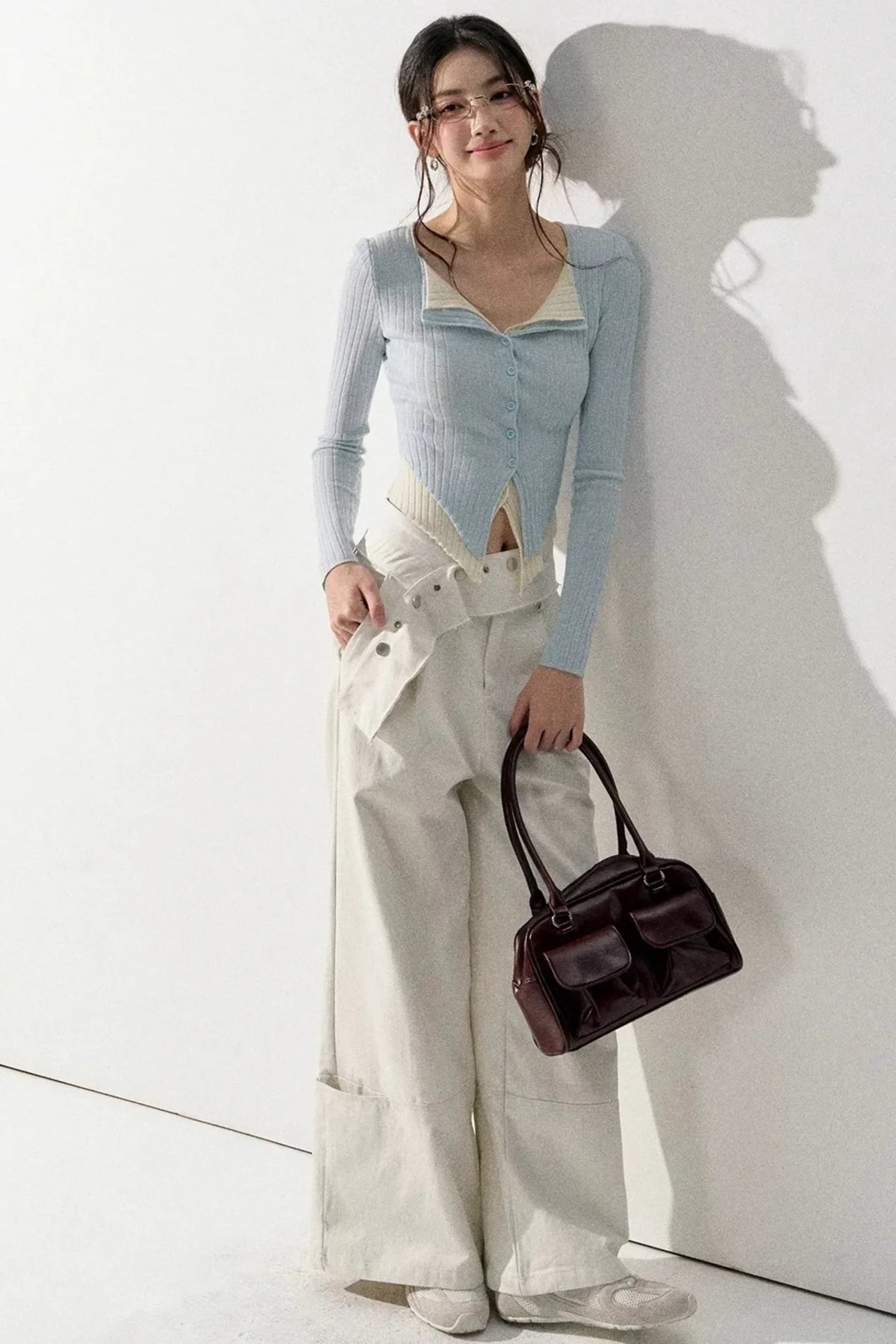 V-Neck Color-Blocked Knit Sweater