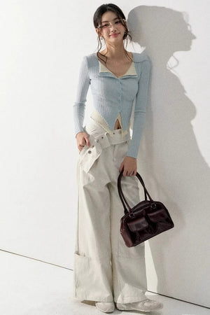 V-Neck Color-Blocked Knit Sweater