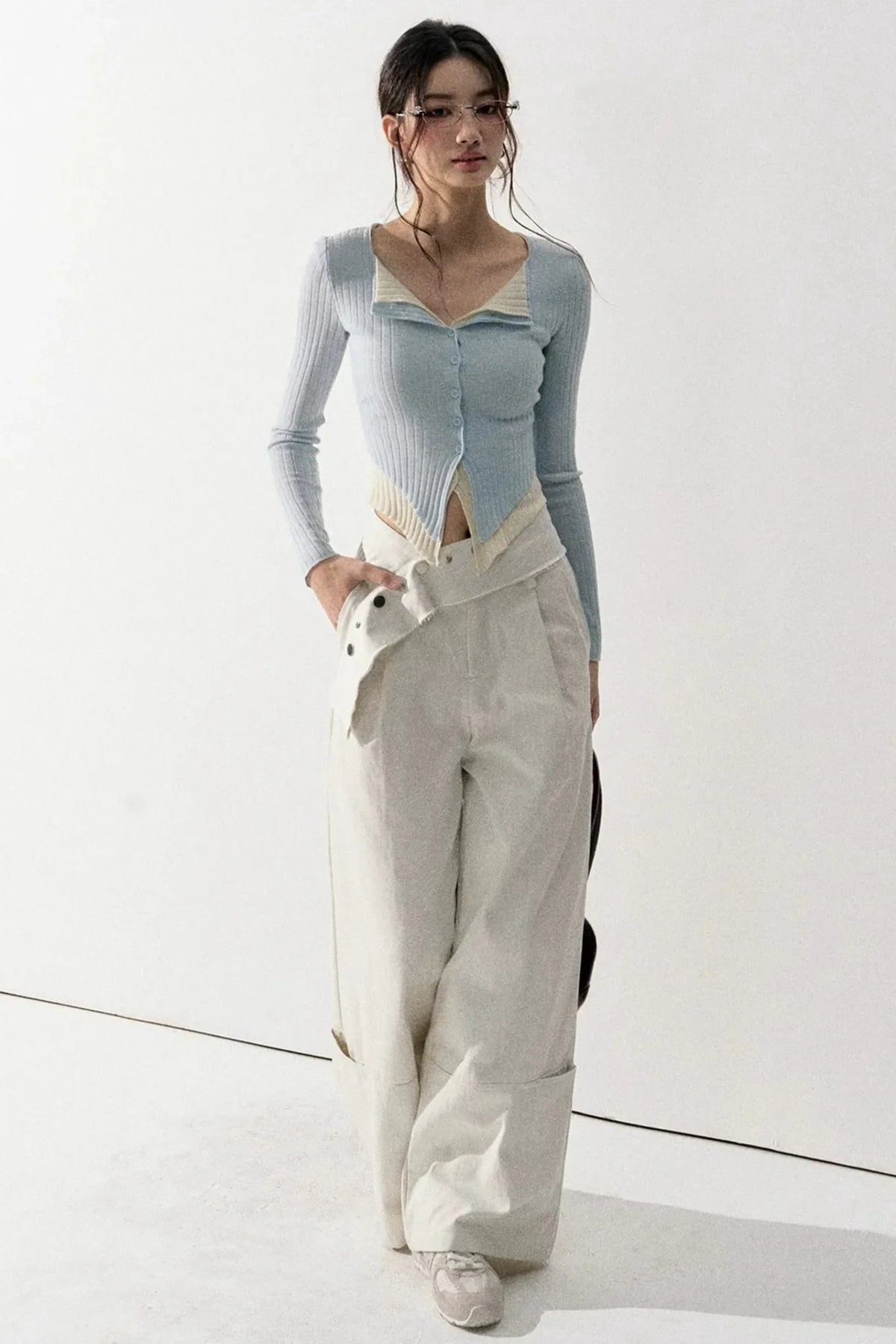 V-Neck Color-Blocked Knit Sweater