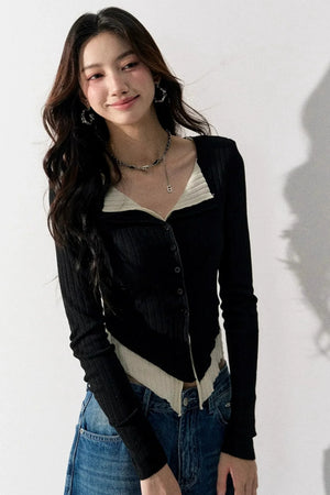 V-Neck Color-Blocked Knit Sweater
