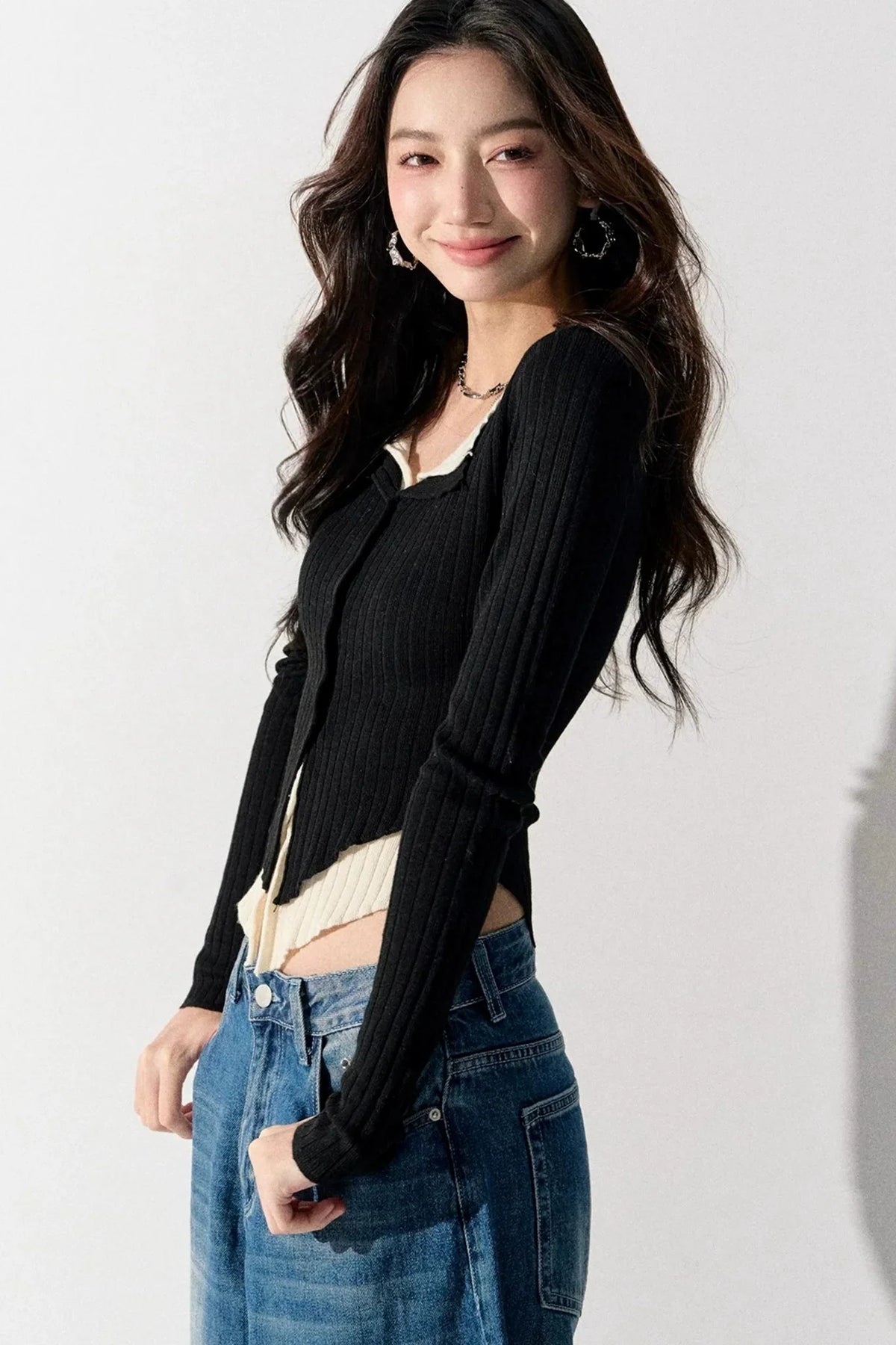 V-Neck Color-Blocked Knit Sweater