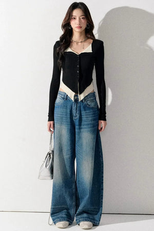 V-Neck Color-Blocked Knit Sweater