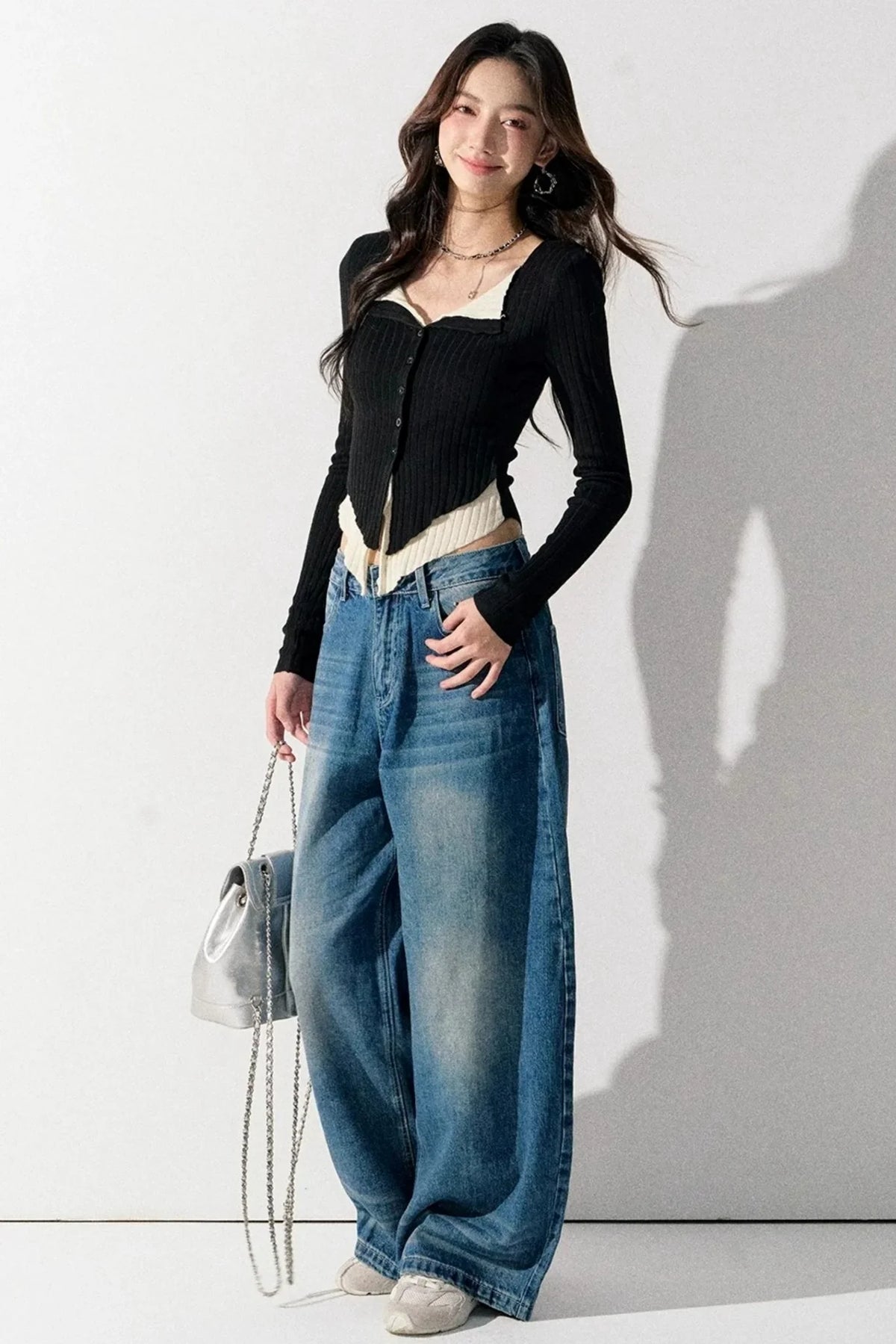 V-Neck Color-Blocked Knit Sweater