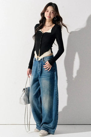 V-Neck Color-Blocked Knit Sweater
