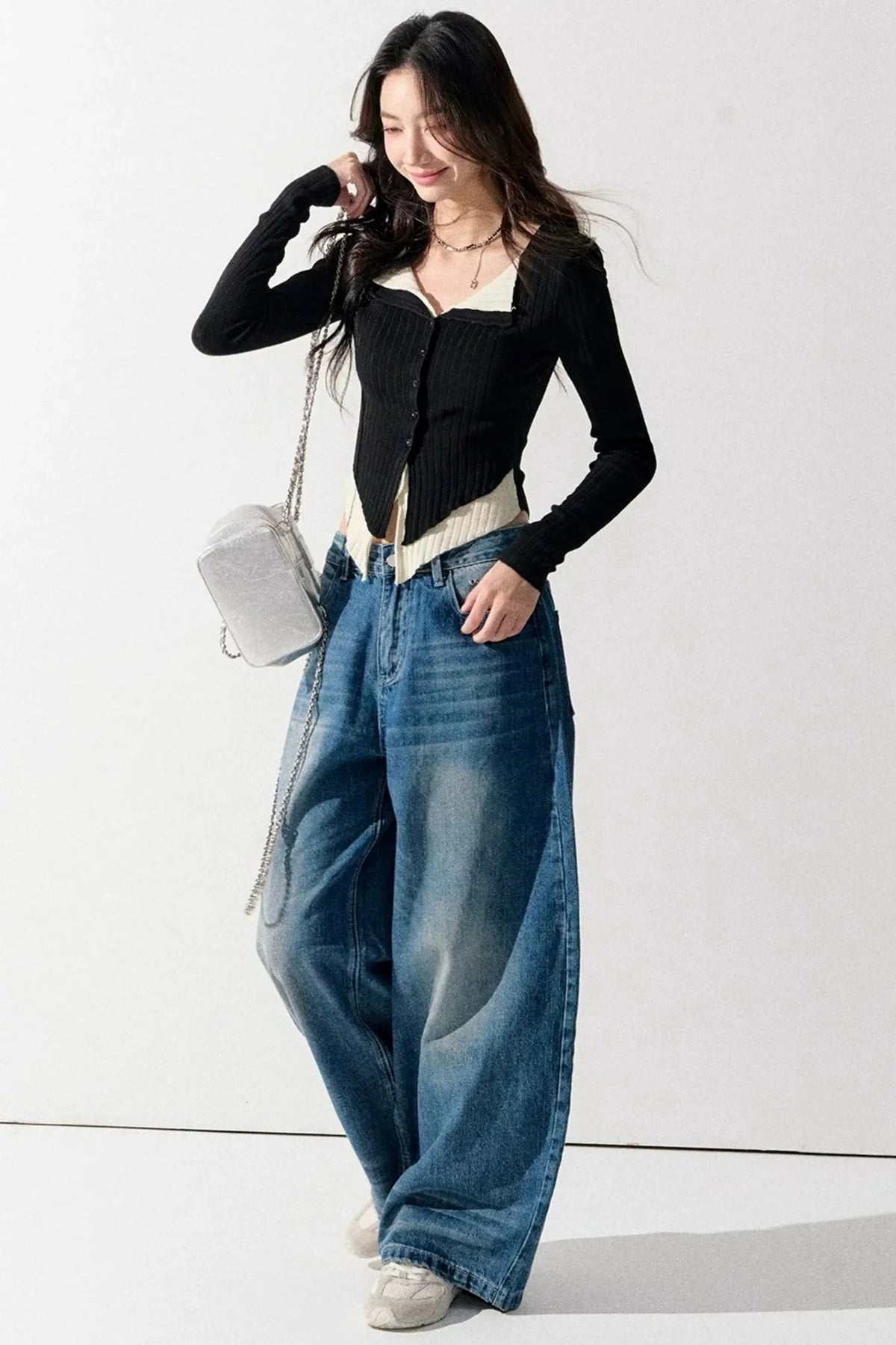 V-Neck Color-Blocked Knit Sweater