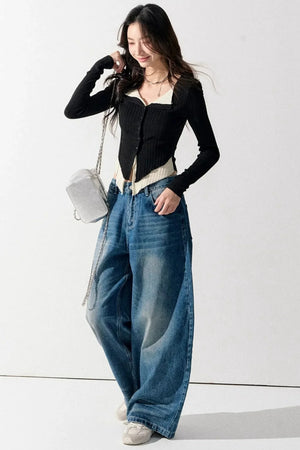 V-Neck Color-Blocked Knit Sweater