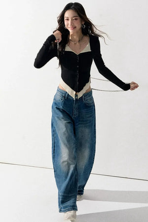 V-Neck Color-Blocked Knit Sweater