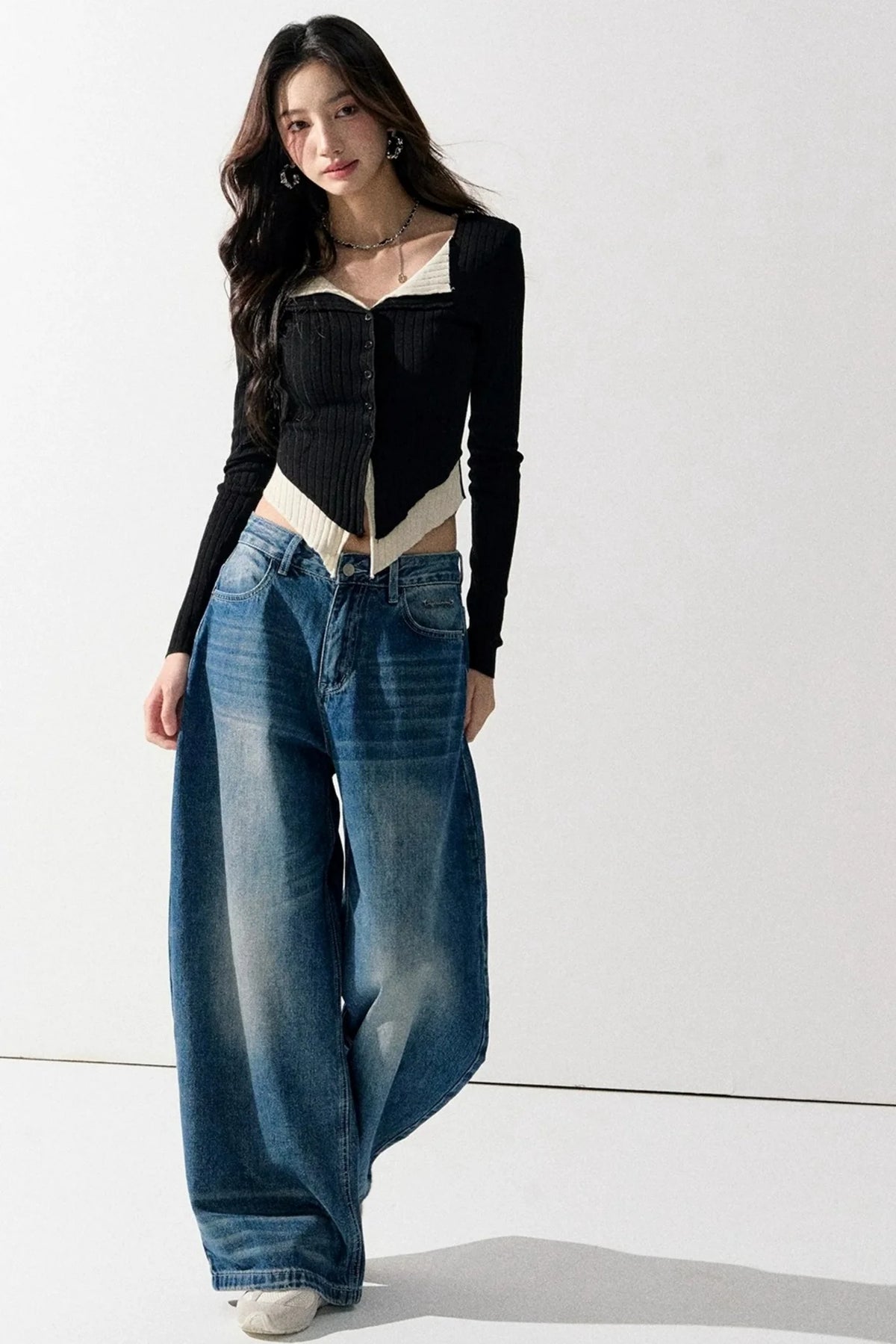 V-Neck Color-Blocked Knit Sweater