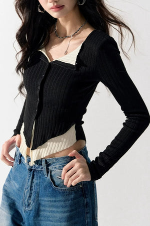 V-Neck Color-Blocked Knit Sweater