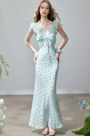 V-Neck Floral Fishtail Dress