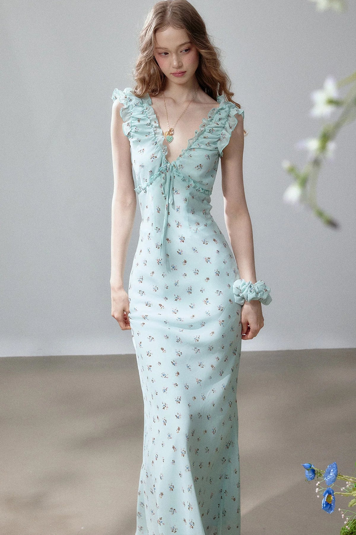 V-Neck Floral Fishtail Dress