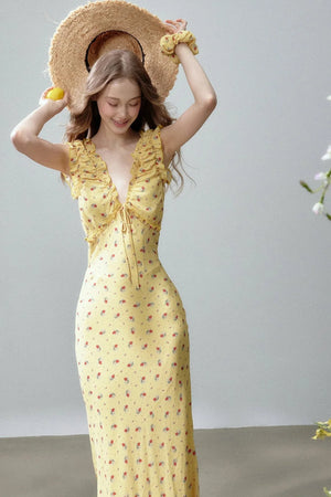 V-Neck Floral Fishtail Dress