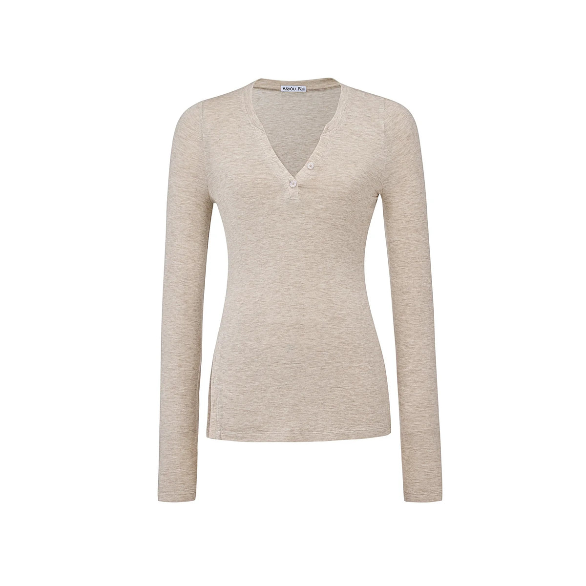V-Neck High Slit Long Sleeve Slim Top