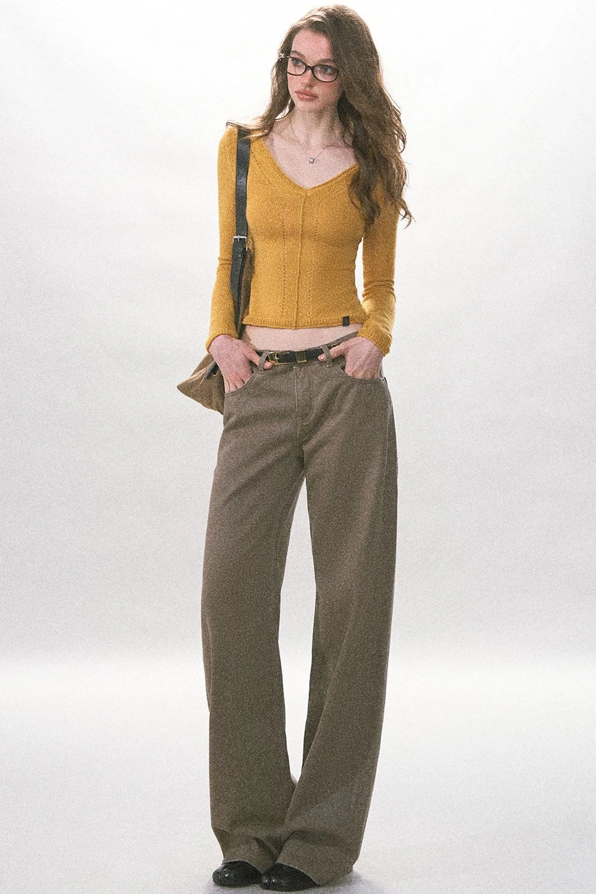 V-Neck Hollow Knit Long Sleeve Top