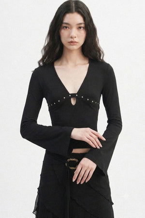 V-Neck Hollow-Out Long-Sleeve Top
