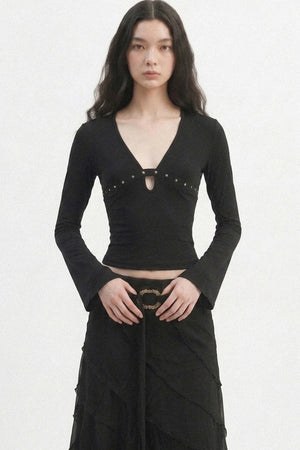 V-Neck Hollow-Out Long-Sleeve Top