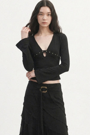 V-Neck Hollow-Out Long-Sleeve Top
