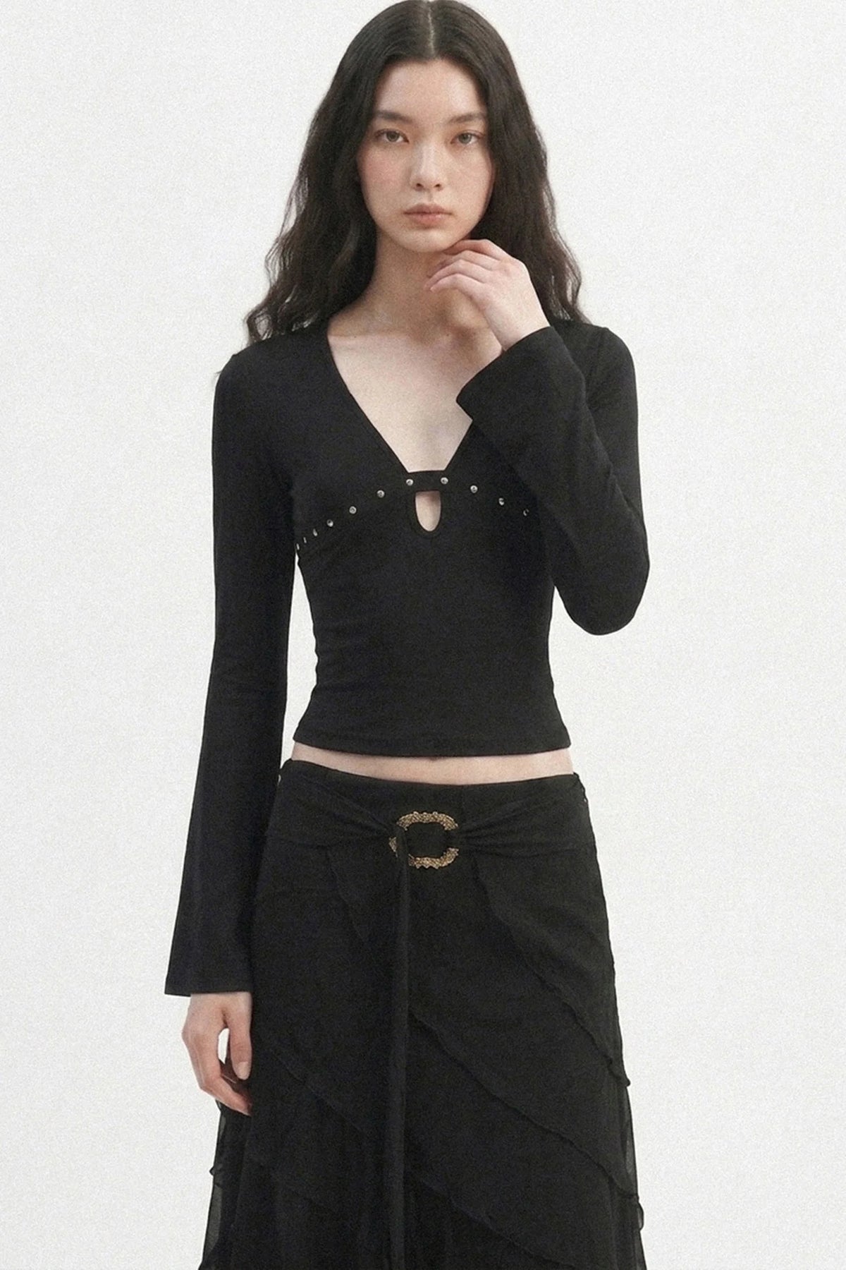 V-Neck Hollow-Out Long-Sleeve Top