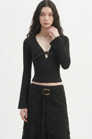V-Neck Hollow-Out Long-Sleeve Top