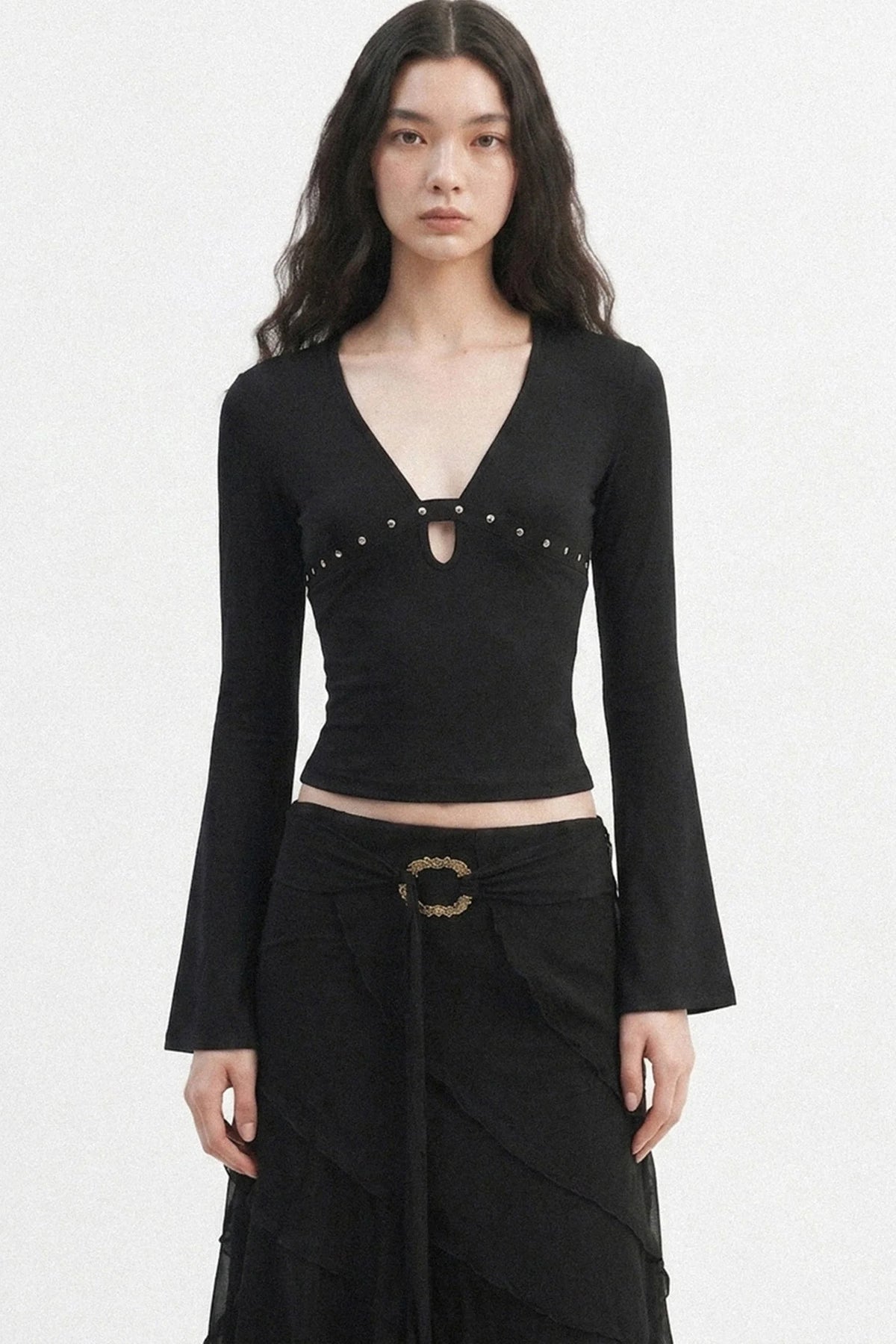 V-Neck Hollow-Out Long-Sleeve Top