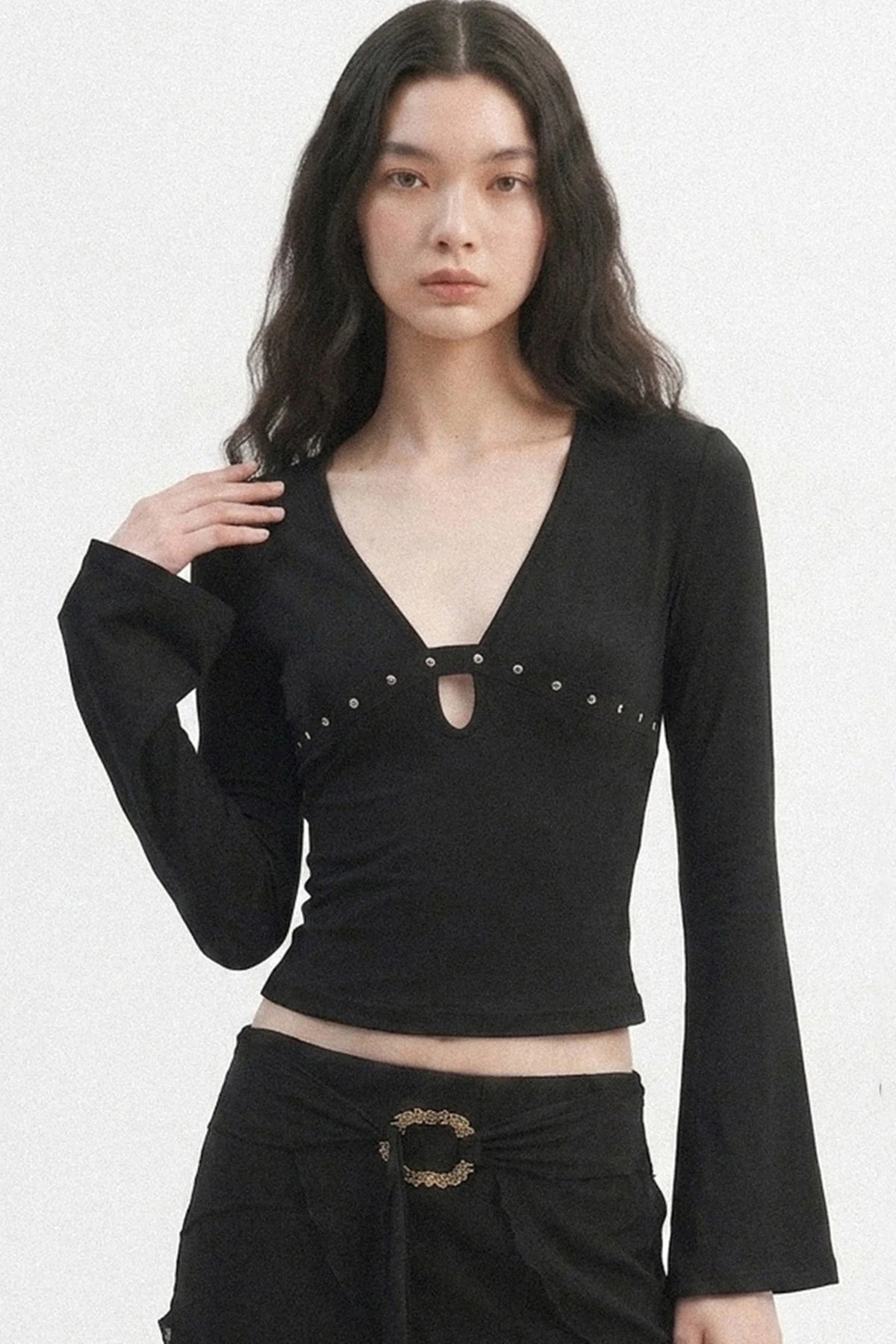 V-Neck Hollow-Out Long-Sleeve Top