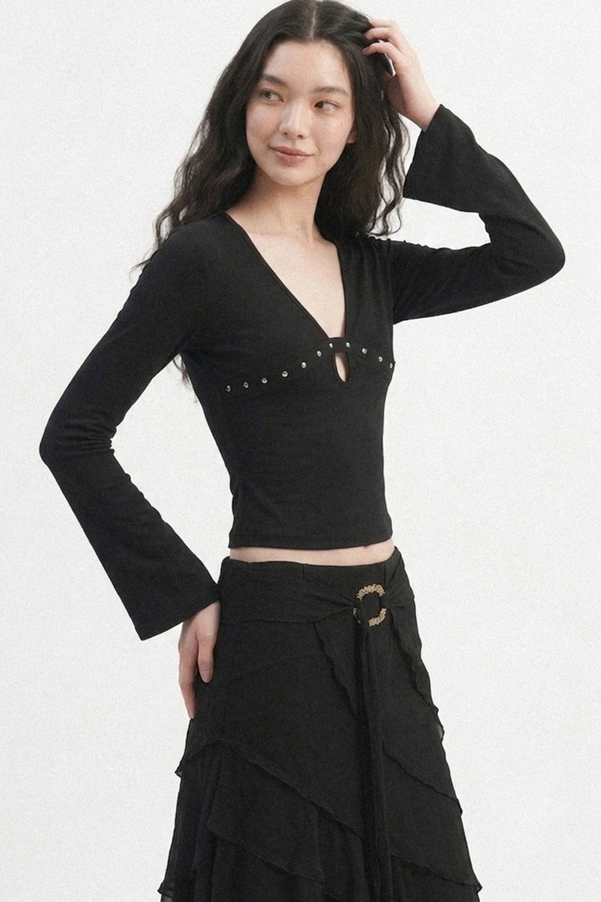 V-Neck Hollow-Out Long-Sleeve Top