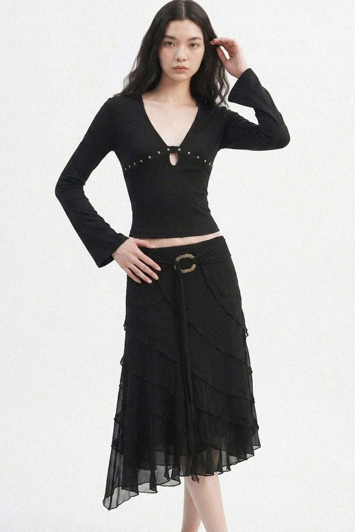 V-Neck Hollow-Out Long-Sleeve Top
