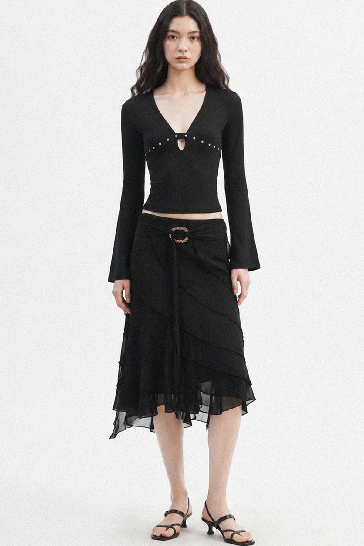 V-Neck Hollow-Out Long-Sleeve Top