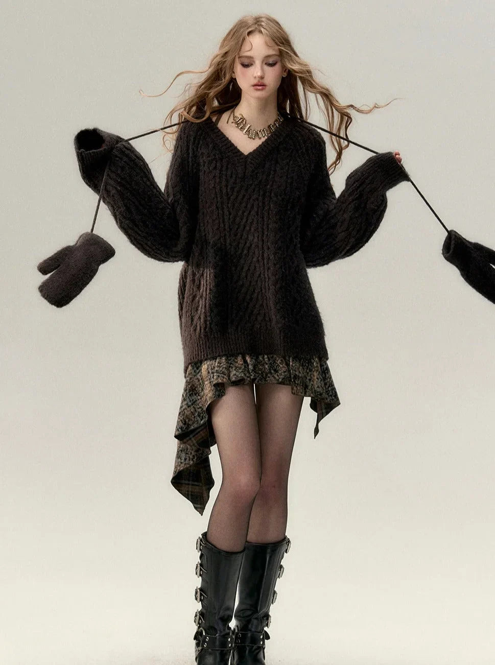 V-neck knit sweater coat set