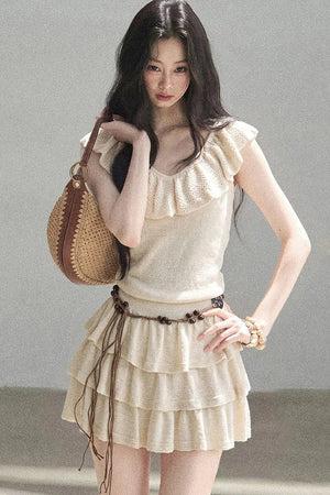 V-Neck Knitted Tiered Dress Set