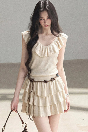 V-Neck Knitted Tiered Dress Set