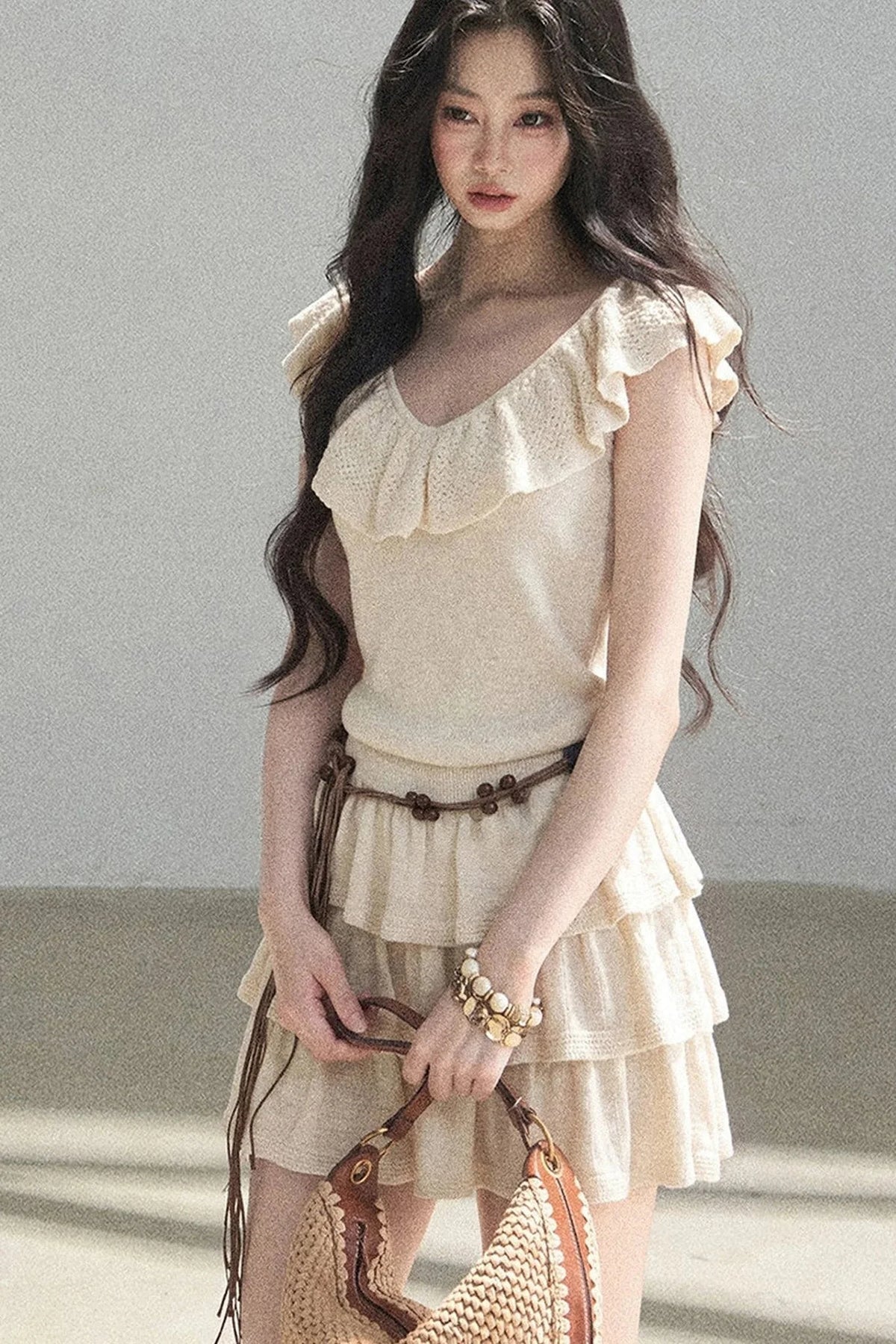V-Neck Knitted Tiered Dress Set